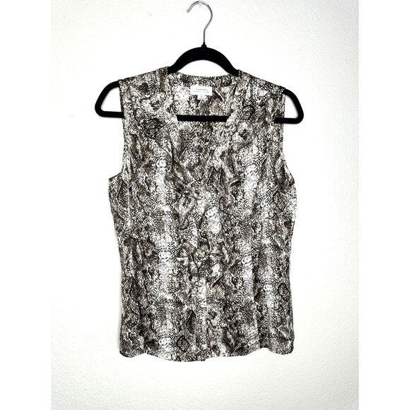 Tahari Tops - Tahari Blouse Womens Medium Sleeveless Ruffle Top Arthur S Levine Brown White